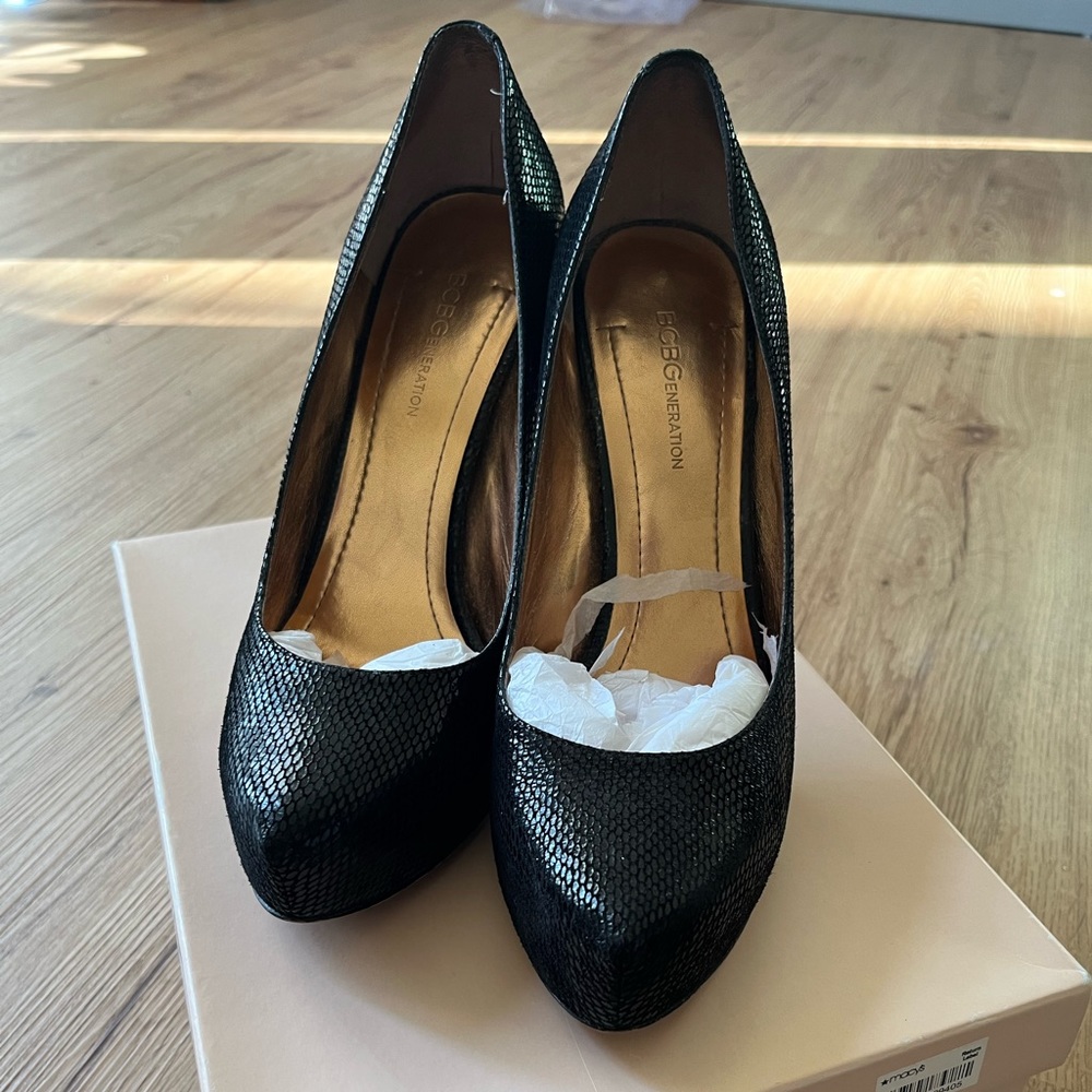 BCBGeneration Shoes black sandalwood snake 3 inch high heels